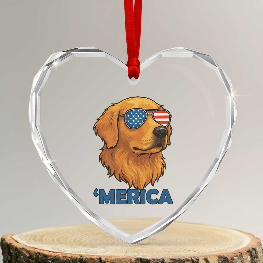 Patriotic Dog 'Merica Heart Crystal Glass Ornament Golden Retriever Sunglasses Funny 4th Of July TS02 Transparent Glass 3'' Heart Print Your Wear