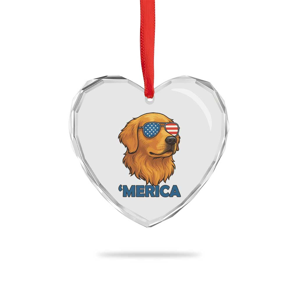 Patriotic Dog 'Merica Heart Crystal Glass Ornament Golden Retriever Sunglasses Funny 4th Of July TS02 Print Your Wear