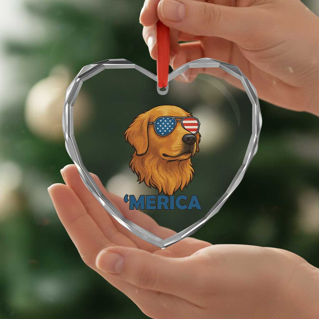 Patriotic Dog 'Merica Heart Crystal Glass Ornament Golden Retriever Sunglasses Funny 4th Of July TS02 Print Your Wear