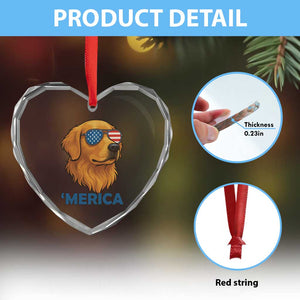 Patriotic Dog 'Merica Heart Crystal Glass Ornament Golden Retriever Sunglasses Funny 4th Of July TS02 Print Your Wear