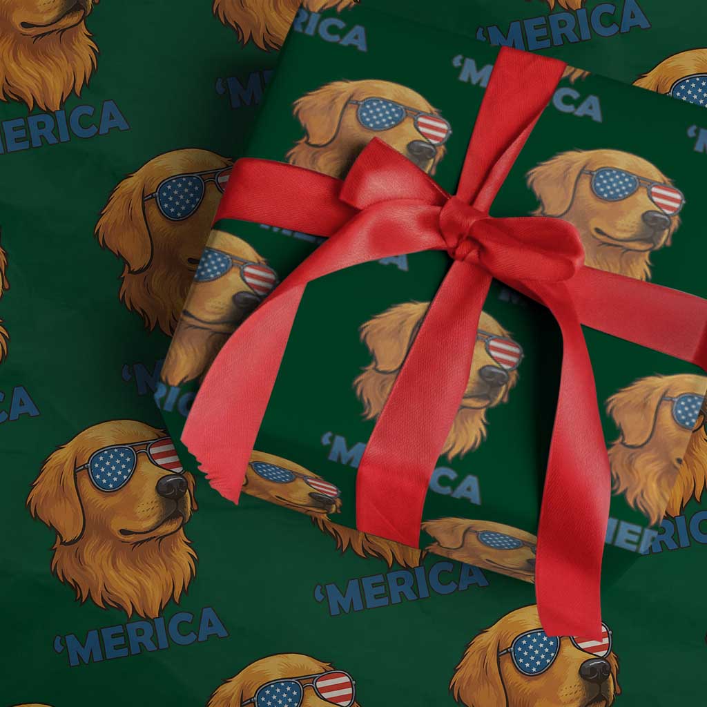 Patriotic Dog 'Merica Wrapping Paper Roll Golden Retriever Sunglasses Funny 4th Of July TS02 Green Print Your Wear