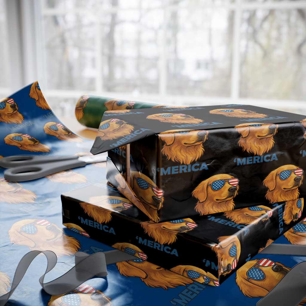 Patriotic Dog 'Merica Wrapping Paper Roll Golden Retriever Sunglasses Funny 4th Of July TS02 Black Print Your Wear