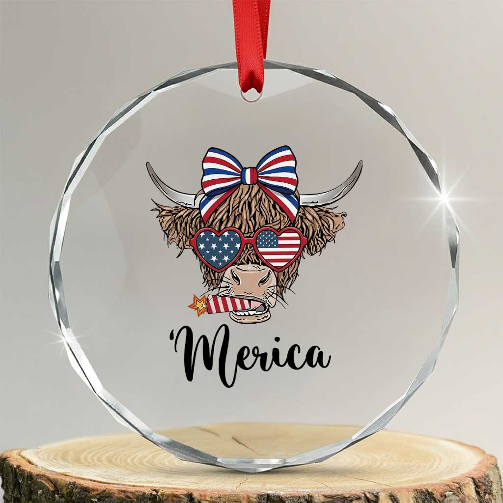 Patriotic Highland Cow Crystal Glass Ornament Merica USA Flag Farmer Gift TS12 Transparent Glass 3'' Circle Print Your Wear