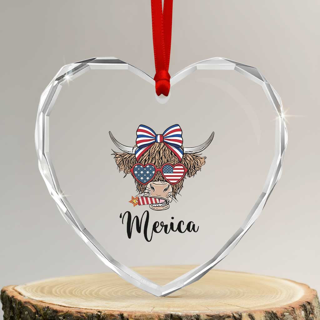 Patriotic Highland Cow Heart Crystal Glass Ornament Merica USA Flag Farmer Gift TS12 Transparent Glass 3'' Heart Print Your Wear
