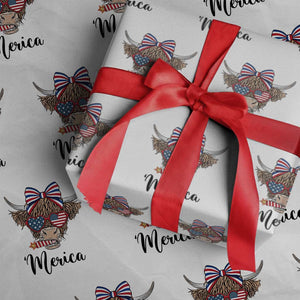 Patriotic Highland Cow Wrapping Paper Roll Merica USA Flag Farmer Gift