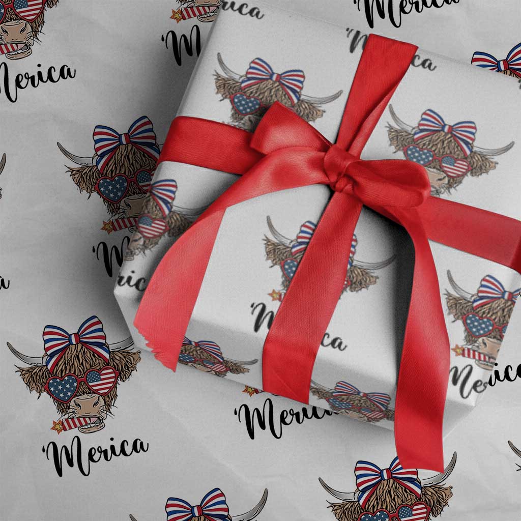 Patriotic Highland Cow Wrapping Paper Roll Merica USA Flag Farmer Gift TS12 White Print Your Wear