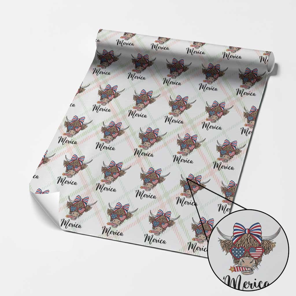 Patriotic Highland Cow Wrapping Paper Roll Merica USA Flag Farmer Gift