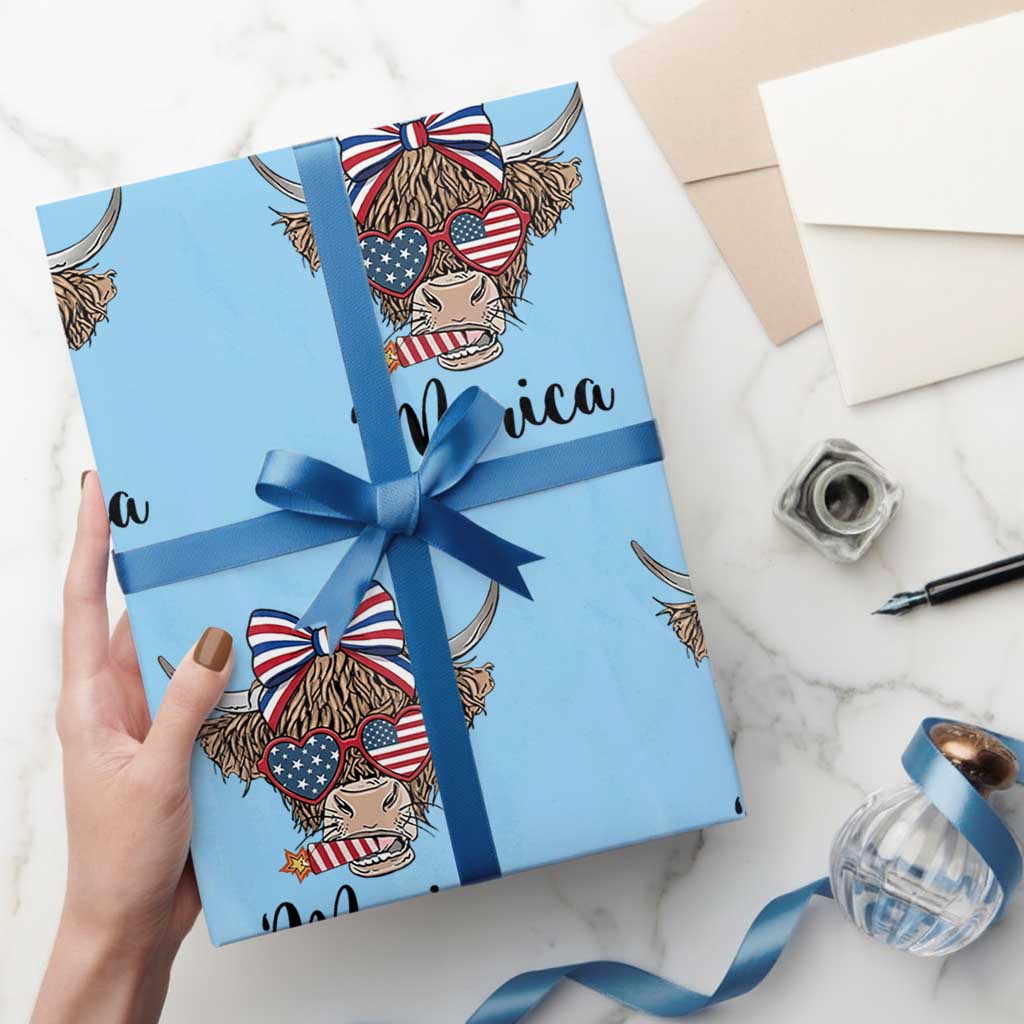 Patriotic Highland Cow Wrapping Paper Roll Merica USA Flag Farmer Gift