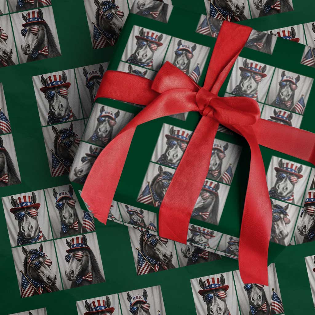 Patriotic Horse Selfie Squad Wrapping Paper Roll USA Flag Red White And Blue Graphic TS12 Green Print Your Wear