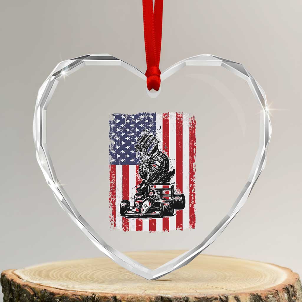 Patriotic Racing Car American Flag Race Heart Crystal Glass Ornament TS14 Transparent Glass 3'' Heart Print Your Wear