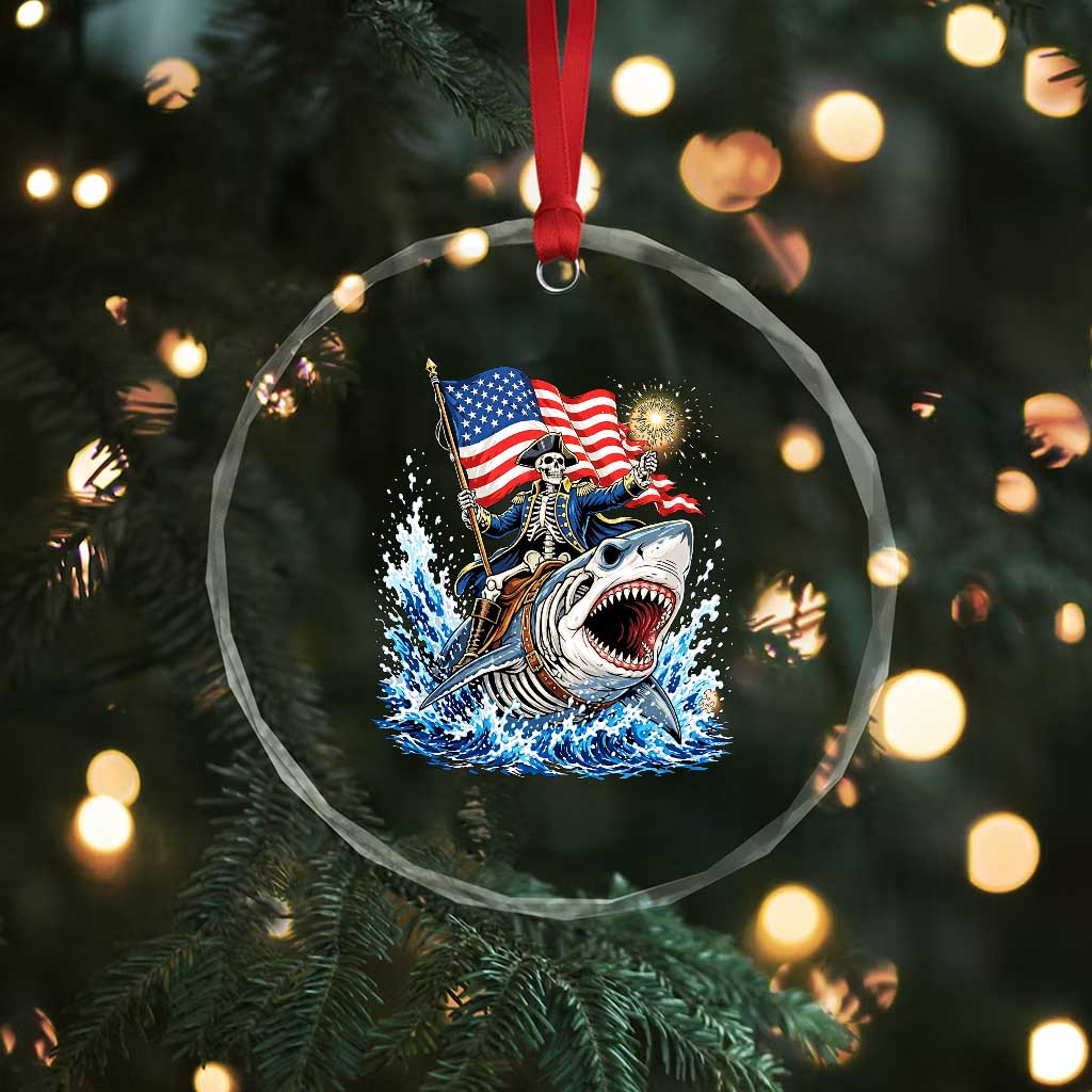 Patriotic Skeleton Pirate Riding Shark Crystal Glass Ornament American Ocean Pride