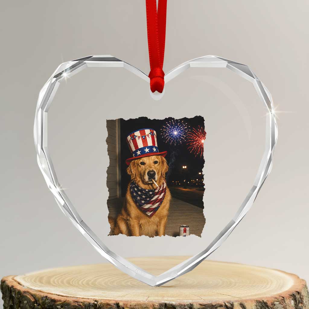 Patriotic Smoking Golden Retriever Heart Crystal Glass Ornament Funny Dog Lover Dad 4th Of July