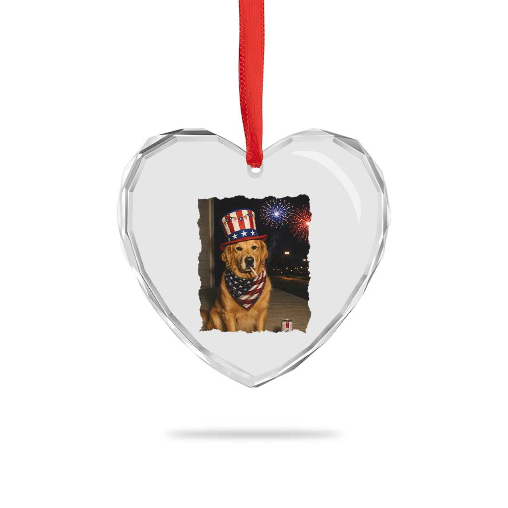 Patriotic Smoking Golden Retriever Heart Crystal Glass Ornament Funny Dog Lover Dad 4th Of July