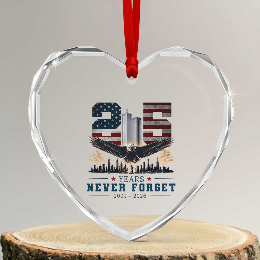 Patriotic Soaring Bald Eagle 9 11 Memorial 25th Anniversary Heart Crystal Glass Ornament 25 Years 2021 2026 Never Forget