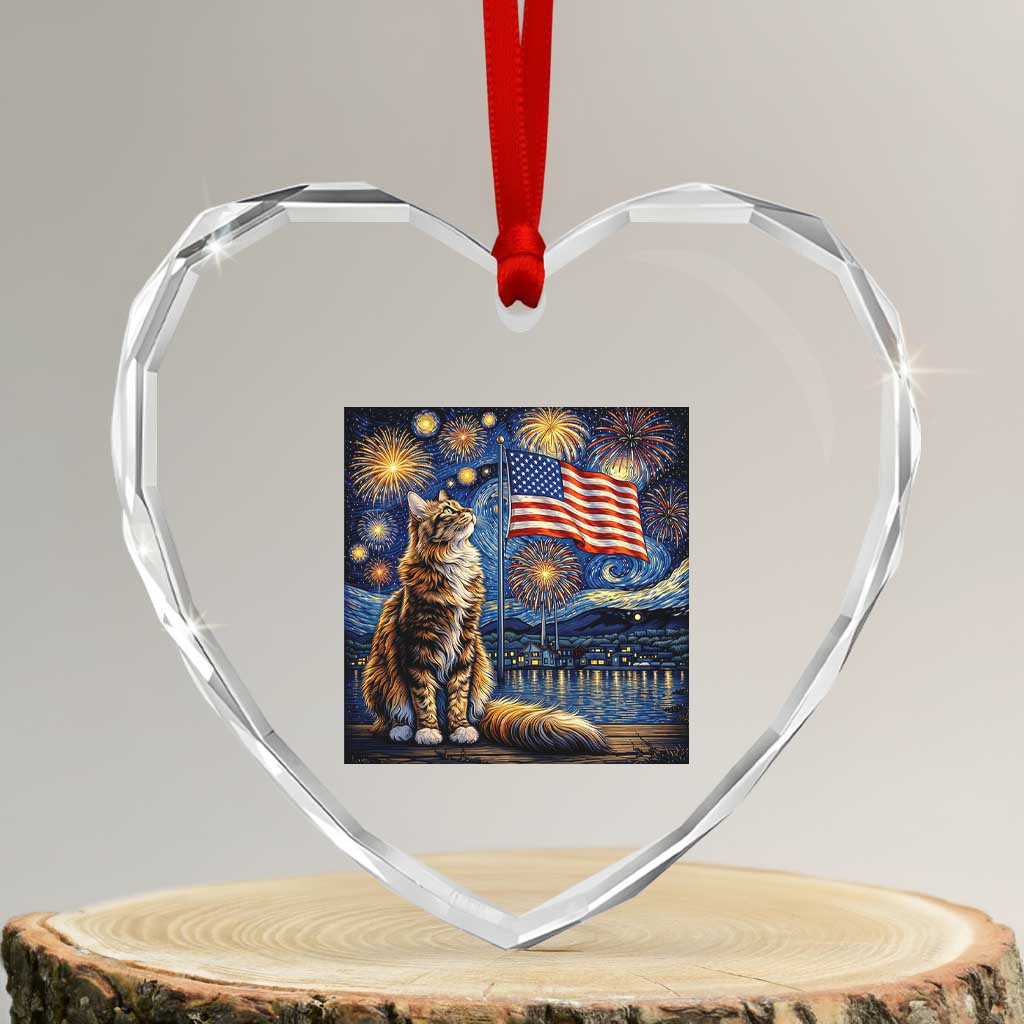 Patriotic Starry Night Cat Heart Crystal Glass Ornament Cat Lover Gift TS12 Transparent Glass 3'' Heart Print Your Wear