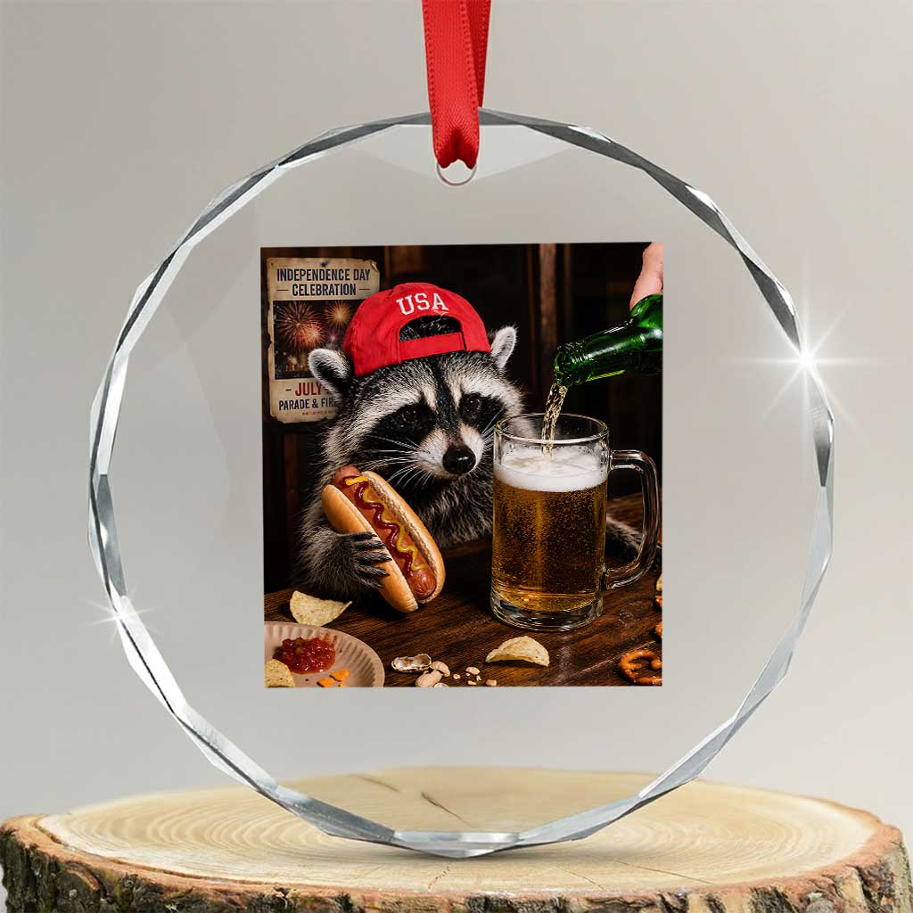 Patriotic USA Raccoon Drinking Beer Crystal Glass Ornament 4th of July Meme TS14 Transparent Glass 3'' Circle Print Your Wear