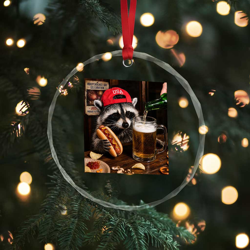 Patriotic USA Raccoon Drinking Beer Crystal Glass Ornament 4th of July Meme