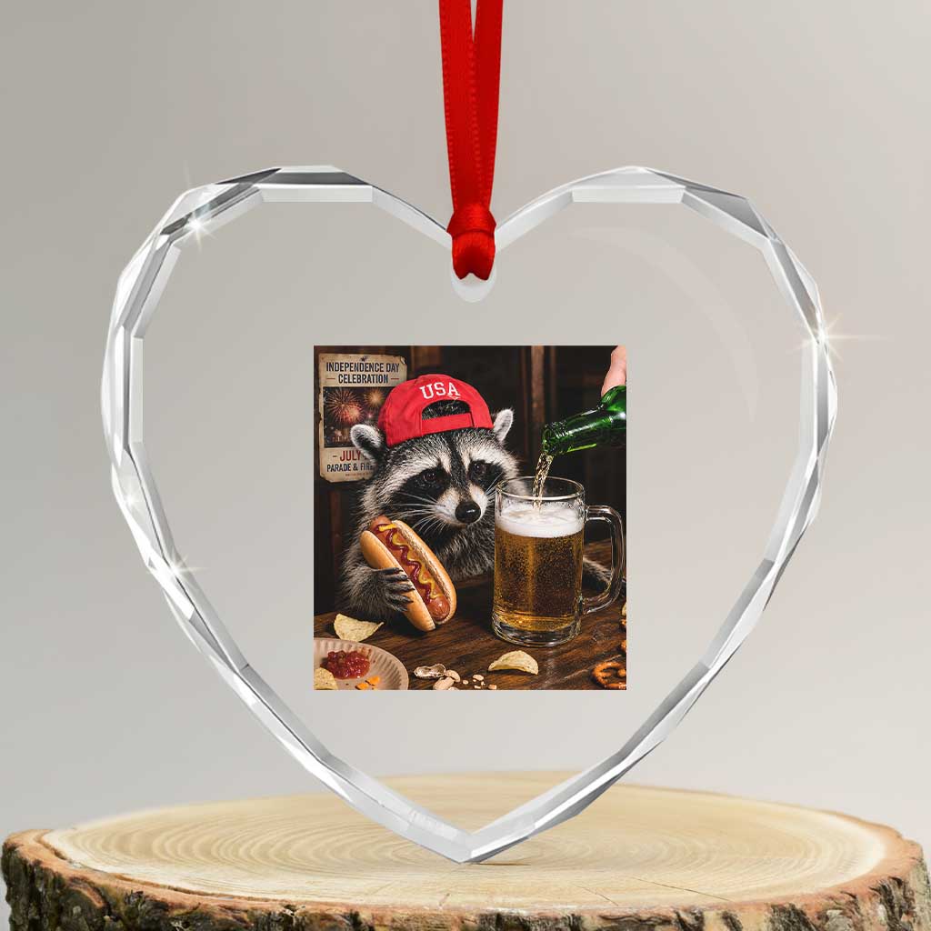Patriotic USA Raccoon Drinking Beer Heart Crystal Glass Ornament 4th of July Meme TS14 Transparent Glass 3'' Heart Print Your Wear