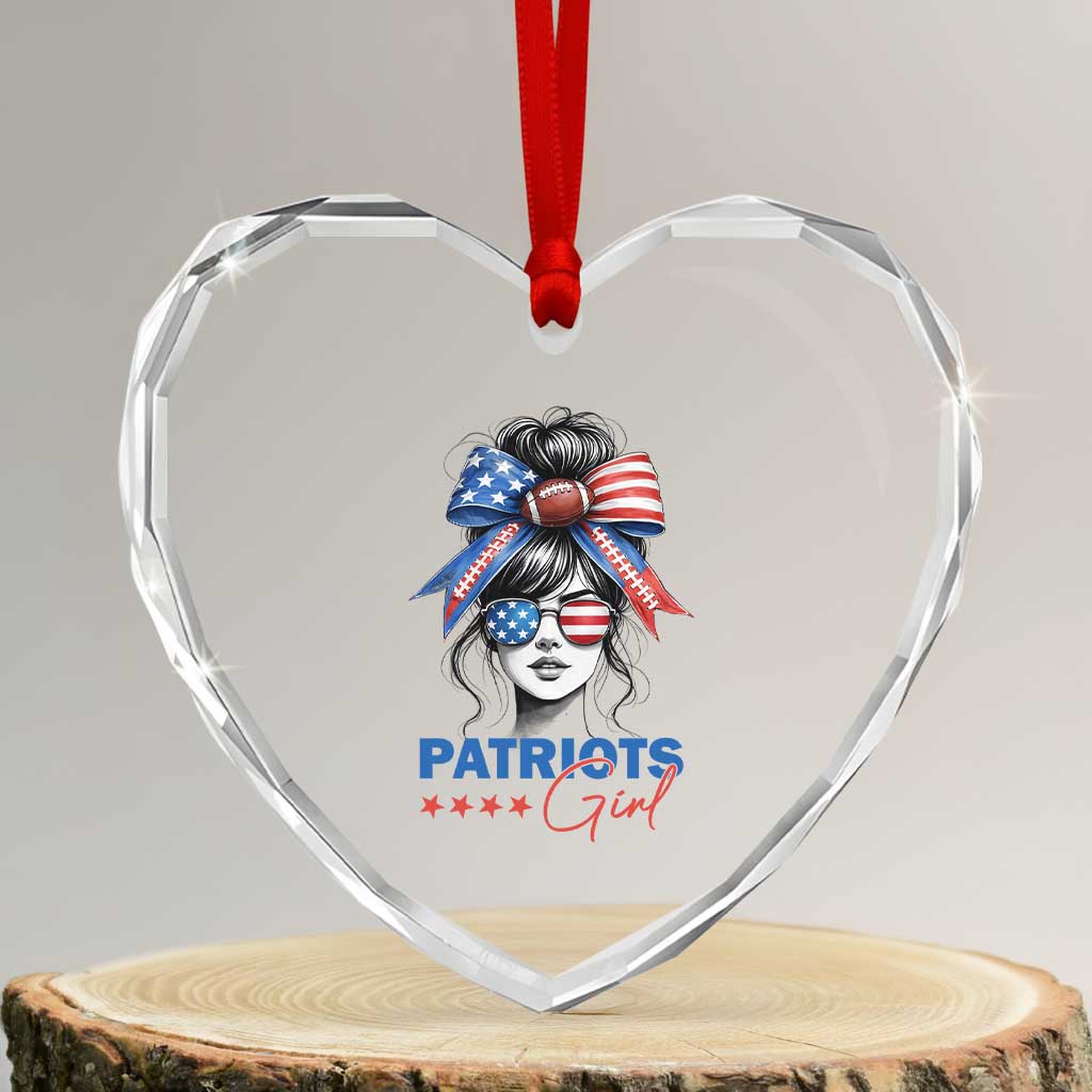 Patriots Girl Heart Crystal Glass Ornament Funny Sport Fan New England Game Day Messy Bun TS11 Transparent Glass 3'' Heart Print Your Wear