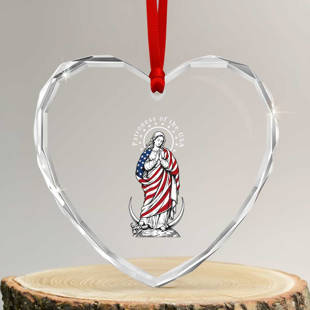 Patroness of the USA Virgin Mary Graphic Heart Crystal Glass Ornament Patriotic American Flag Catholic Faith