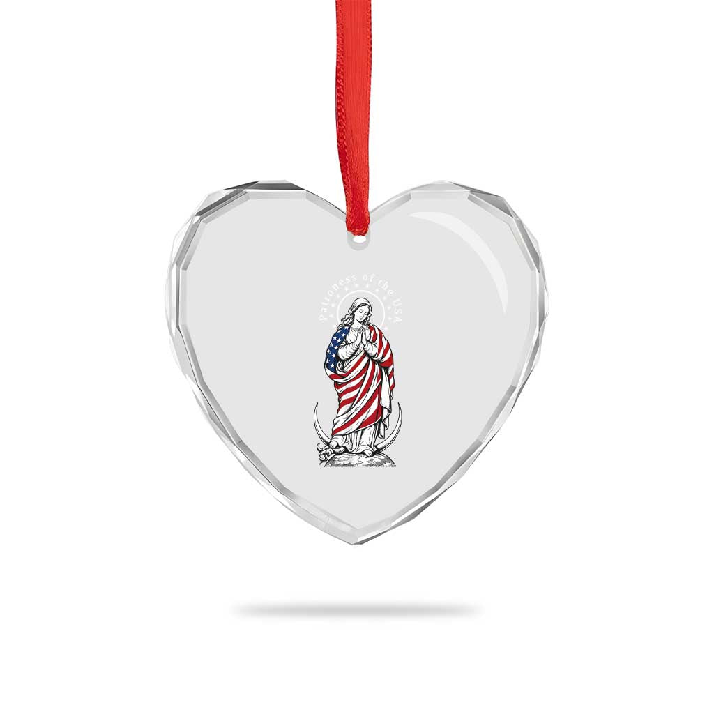 Patroness of the USA Virgin Mary Graphic Heart Crystal Glass Ornament Patriotic American Flag Catholic Faith