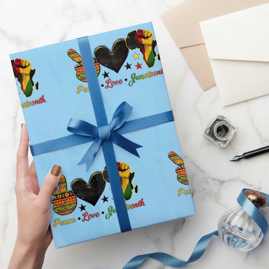 Peace Love Juneteenth Wrapping Paper Roll 1865 Heart Kente Peace Sign Africa Fist TS02 Light Blue Print Your Wear