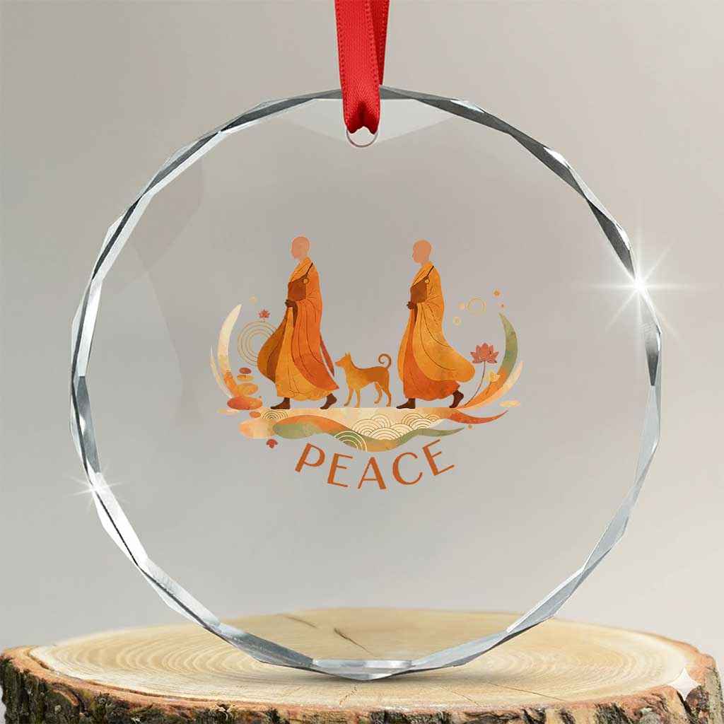 Peaceful Monks Walk with Aloka the Dog Crystal Glass Ornament Zen Art Buddhism Harmony TS02 Transparent Glass 3'' Circle Print Your Wear