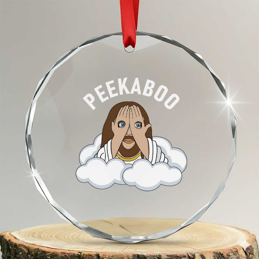 Peekaboo Jesus Funny Christian Crystal Glass Ornament Faith Humor Savior in Clouds Religious Meme TS02 Transparent Glass 3'' Circle Print Your Wear
