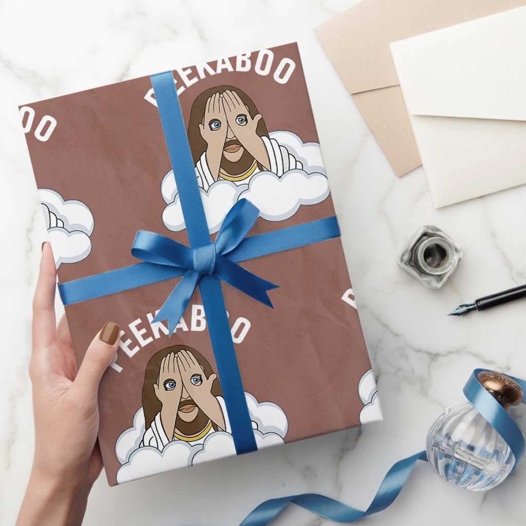 Peekaboo Jesus Funny Christian Wrapping Paper Roll Faith Humor Savior in Clouds Religious Meme TS02 Mocha Print Your Wear