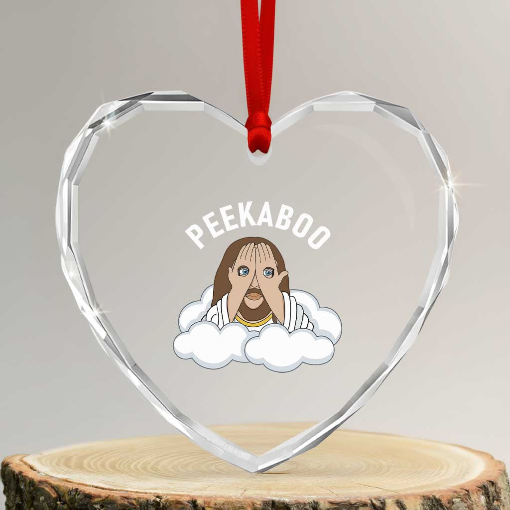 Peekaboo Jesus Funny Christian Heart Crystal Glass Ornament Faith Humor Savior in Clouds Religious Meme TS02 Transparent Glass 3'' Heart Print Your Wear