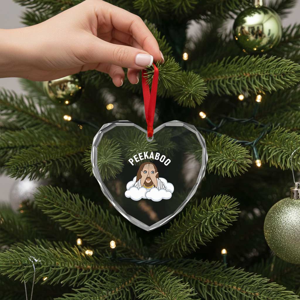 Peekaboo Jesus Funny Christian Heart Crystal Glass Ornament Faith Humor Savior in Clouds Religious Meme TS02 Print Your Wear