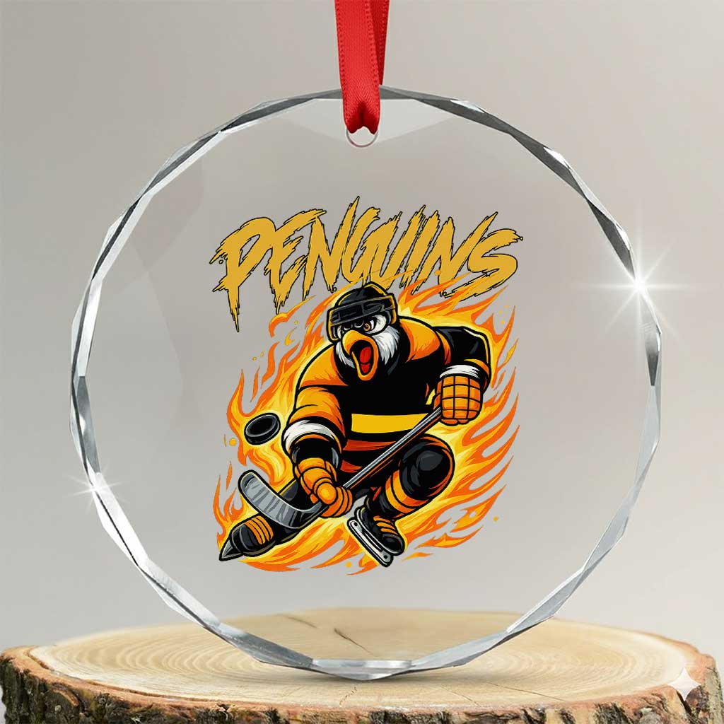 Penguin Playing Ice Hockey Crystal Glass Ornament Funny Sports Fan Gift TS12 Transparent Glass 3'' Circle Print Your Wear