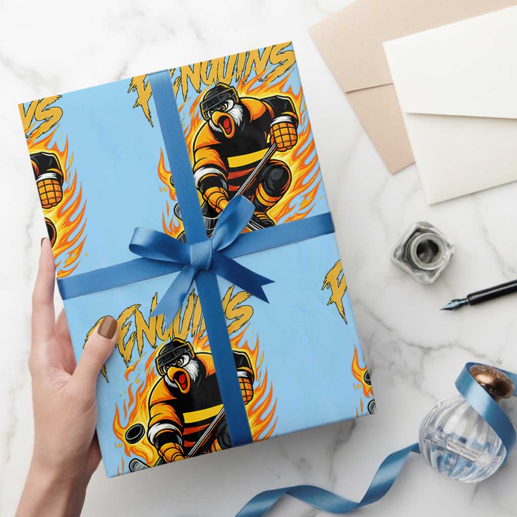 Penguin Playing Ice Hockey Wrapping Paper Roll Funny Sports Fan Gift TS12 Light Blue Print Your Wear