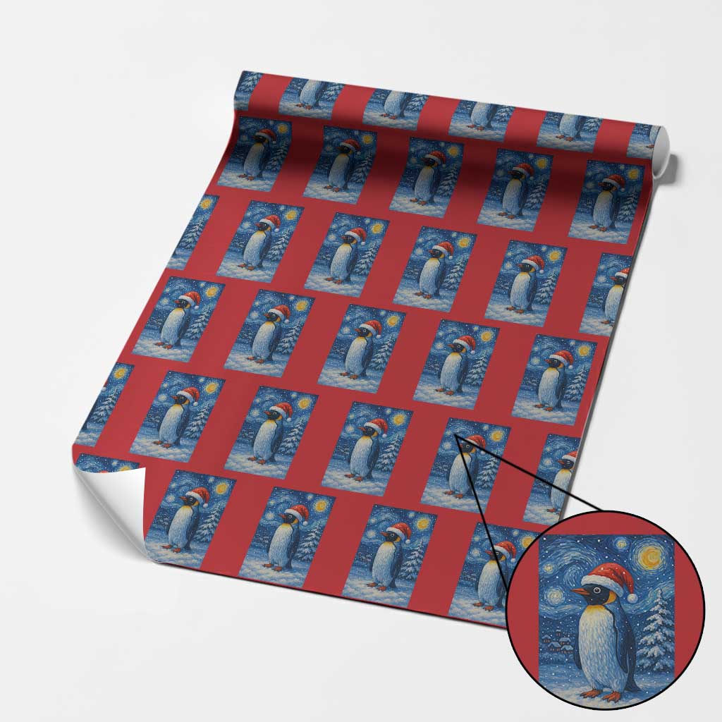 Penguin Xmas Wrapping Paper Roll Starry Night Van Gogh TS14 Red Print Your Wear