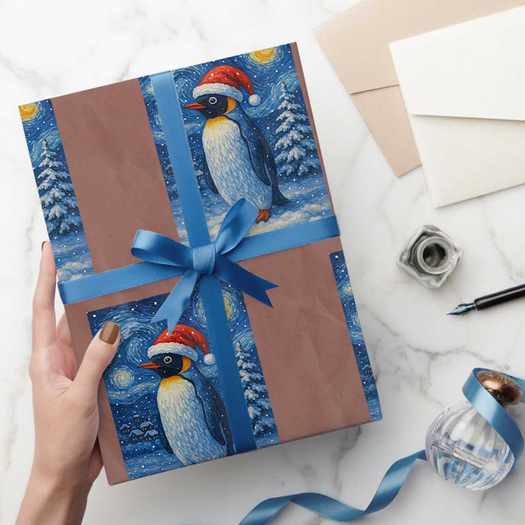 Penguin Xmas Wrapping Paper Roll Starry Night Van Gogh TS14 Mocha Print Your Wear