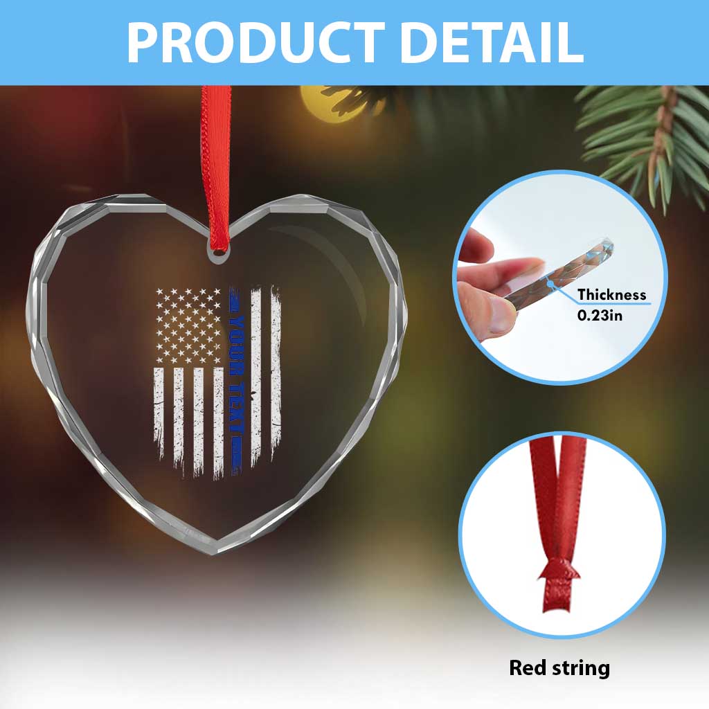 Personalized Police Heart Crystal Glass Ornament Custom Text Name Vintage American Flag Law Enforcement Gift