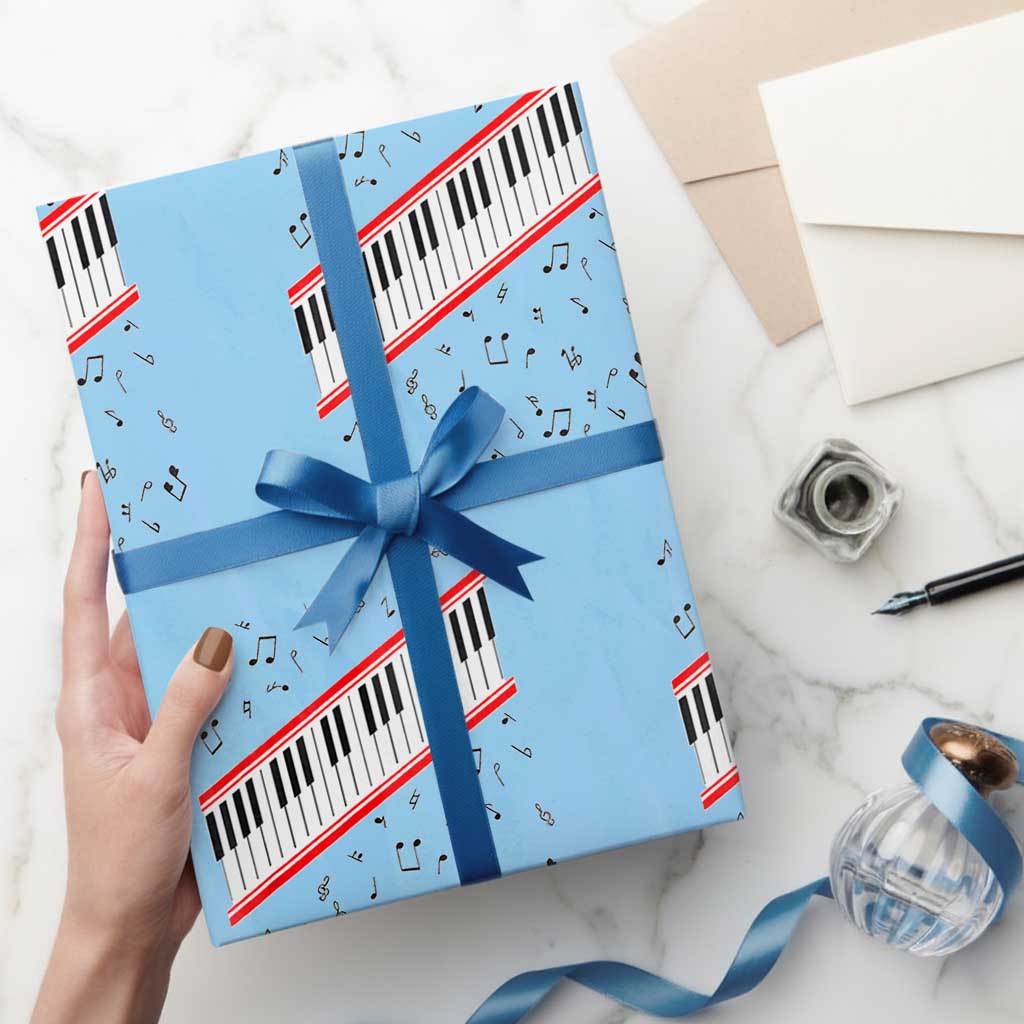 Piano Keyboard Graphic Wrapping Paper Roll Musical Notes Alignment Pianist TS02 Light Blue Print Your Wear