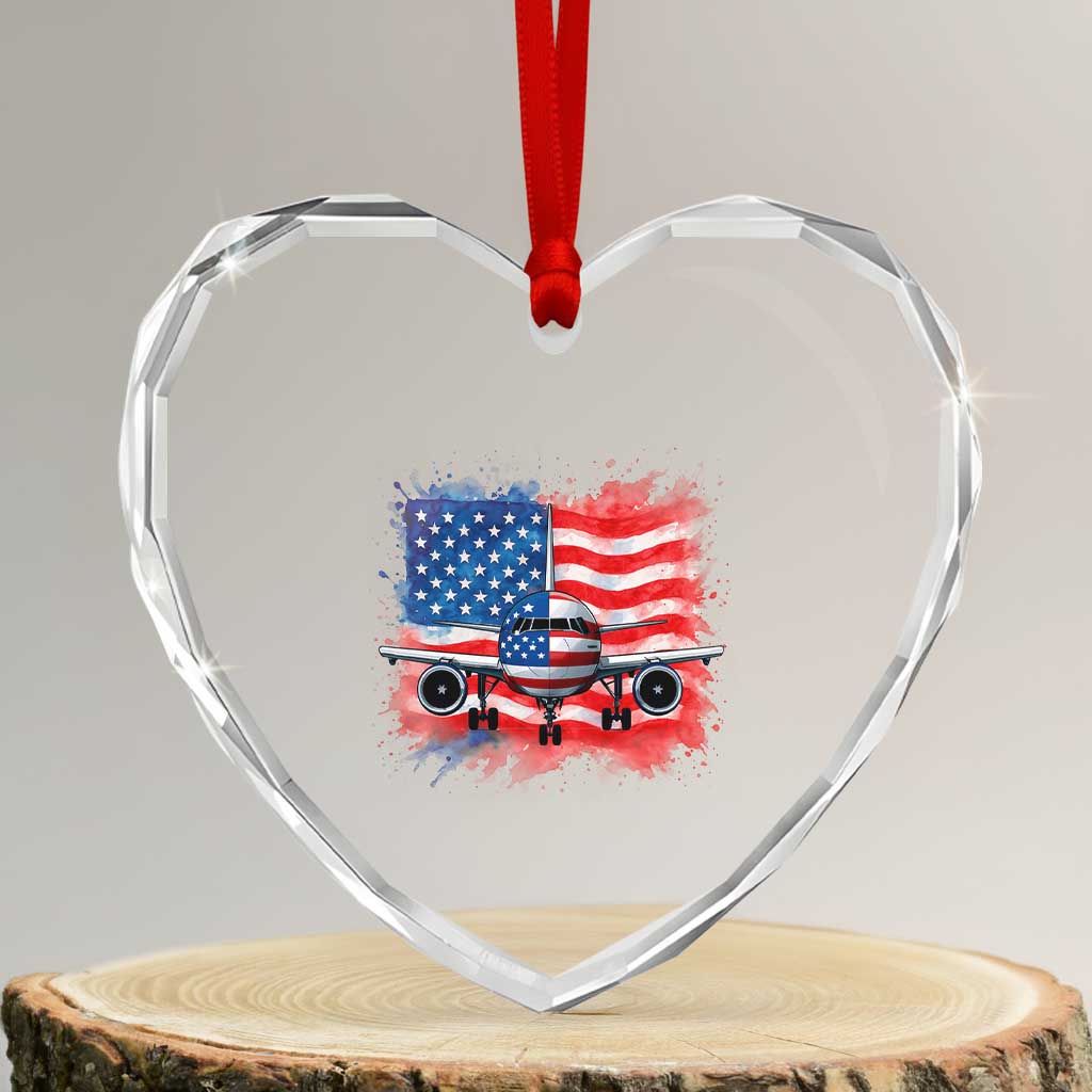Pilot Airplane Patriotic American Flag Plane Aviation Heart Crystal Glass Ornament TS14 Transparent Glass 3'' Heart Print Your Wear