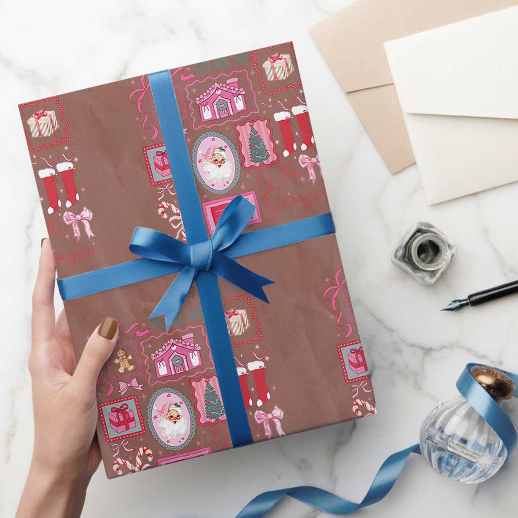 Pink Christmas Wrapping Paper Roll Old Xmas Vintage Pink Santa Claus TS10 Mocha Print Your Wear