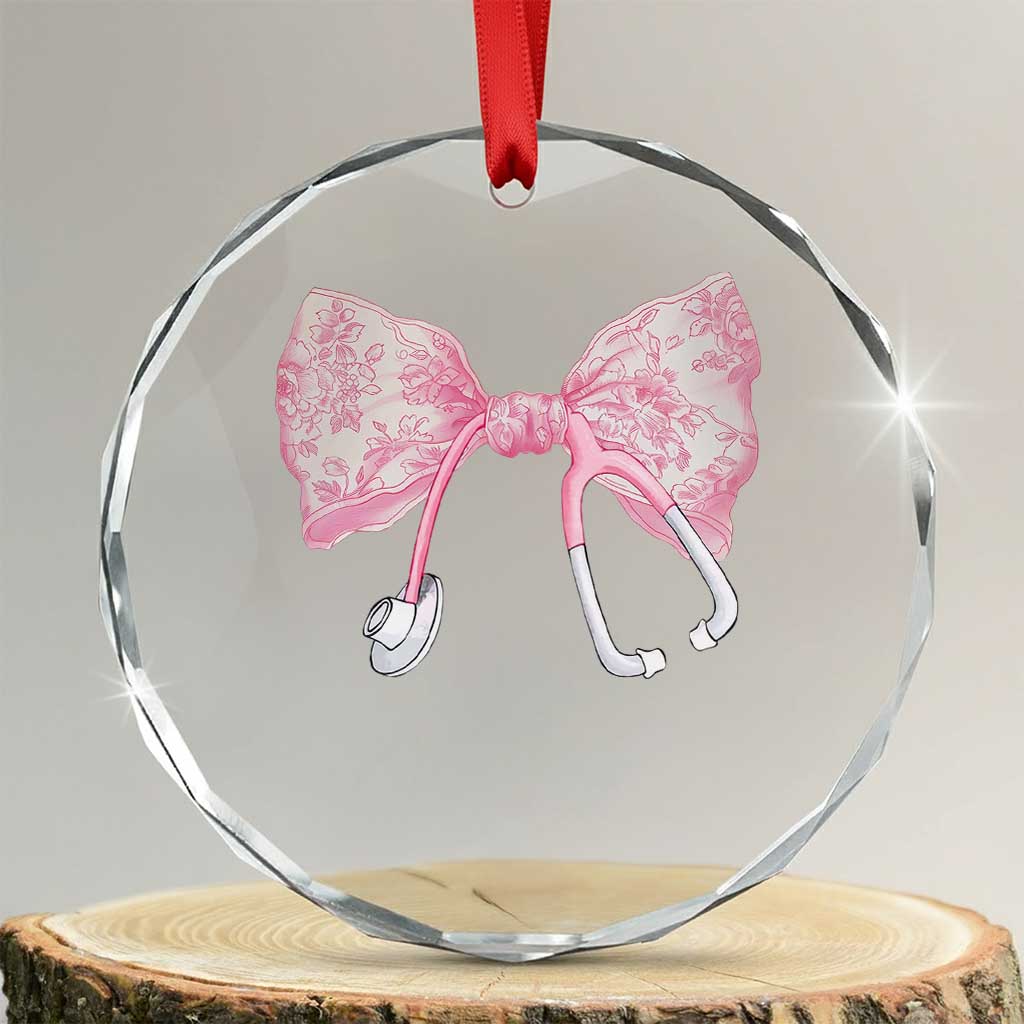 Pink Coquette Nurse Crystal Glass Ornament Toile de Jouy Stethoscope Bow TS10 Transparent Glass 3'' Circle Print Your Wear