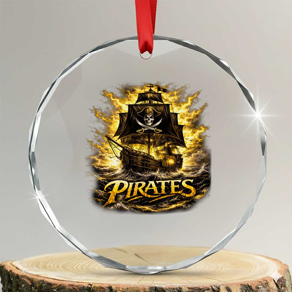 Pirate Lovers Crystal Glass Ornament Vintage Golden Pirate Ship Skull Graphic TS10 Transparent Glass 3'' Circle Print Your Wear