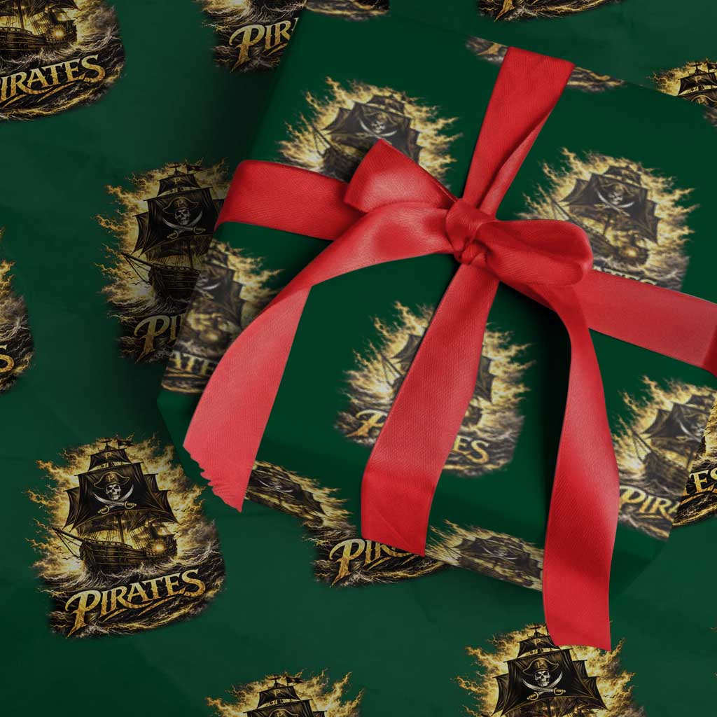 Pirate Lovers Wrapping Paper Roll Vintage Golden Pirate Ship Skull Graphic TS10 Green Print Your Wear