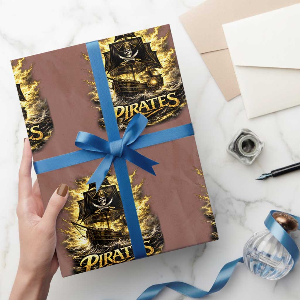 Pirate Lovers Wrapping Paper Roll Vintage Golden Pirate Ship Skull Graphic TS10 Mocha Print Your Wear