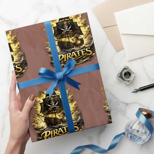 Pirate Lovers Wrapping Paper Roll Vintage Golden Pirate Ship Skull Graphic TS10 Mocha Print Your Wear