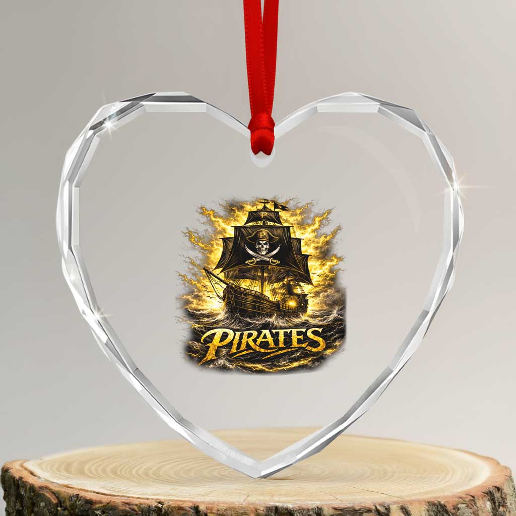Pirate Lovers Heart Crystal Glass Ornament Vintage Golden Pirate Ship Skull Graphic TS10 Transparent Glass 3'' Heart Print Your Wear