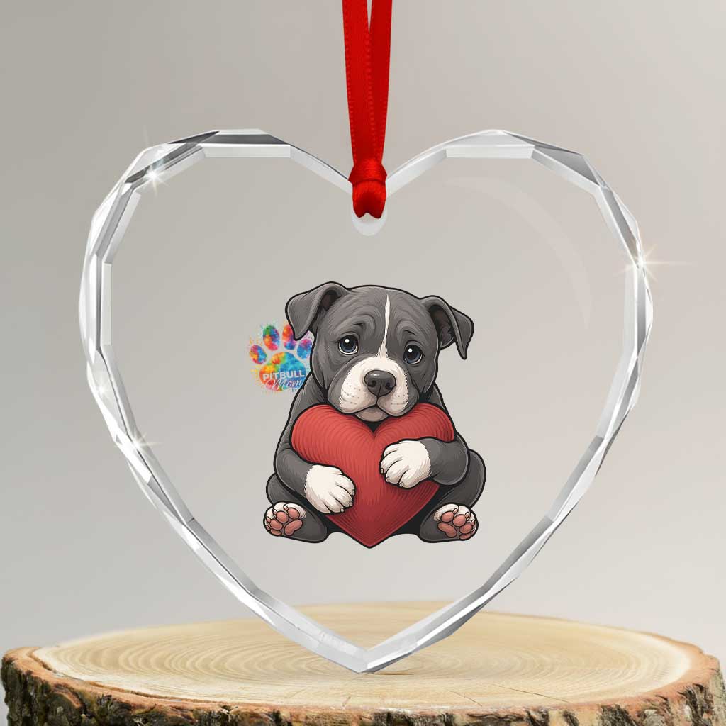 Pitbull Mom Heart Crystal Glass Ornament Cute Puppy Hugging Heart Love Dog TS12 Transparent Glass 3'' Heart Print Your Wear