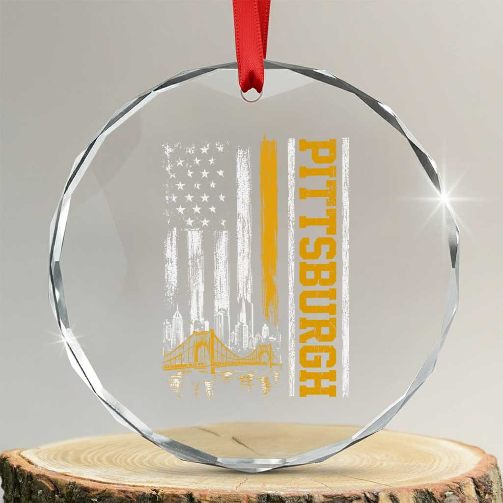Pittsburgh City Skyline Roberto Clemente Bridge Graphic Crystal Glass Ornament American Flag Yellow Bridge City Hometown Pride TS02 Transparent Glass 3'' Circle Print Your Wear