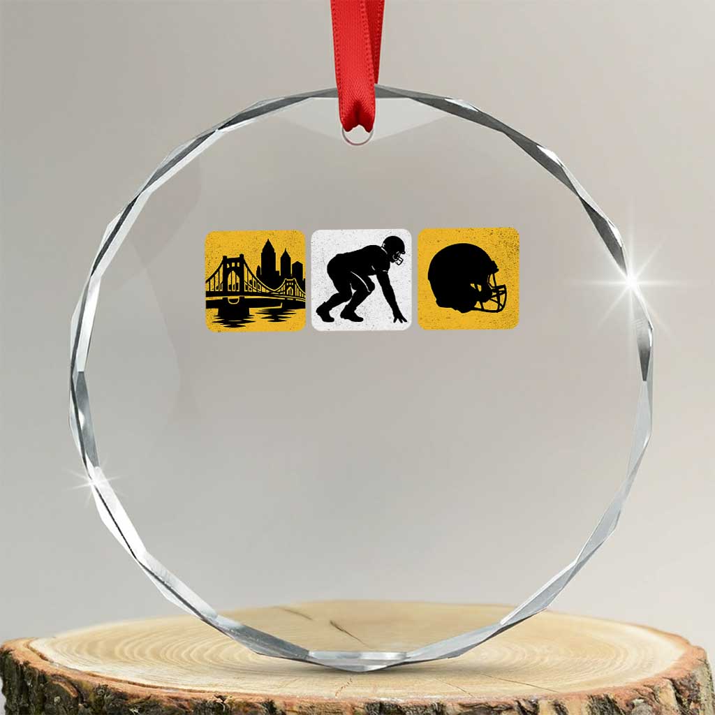 Pittsburgh Skyline Crest Graphic Crystal Glass Ornament Football Fan Pride