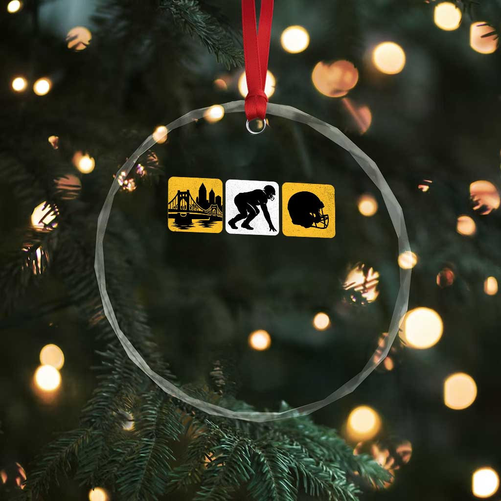 Pittsburgh Skyline Crest Graphic Crystal Glass Ornament Football Fan Pride