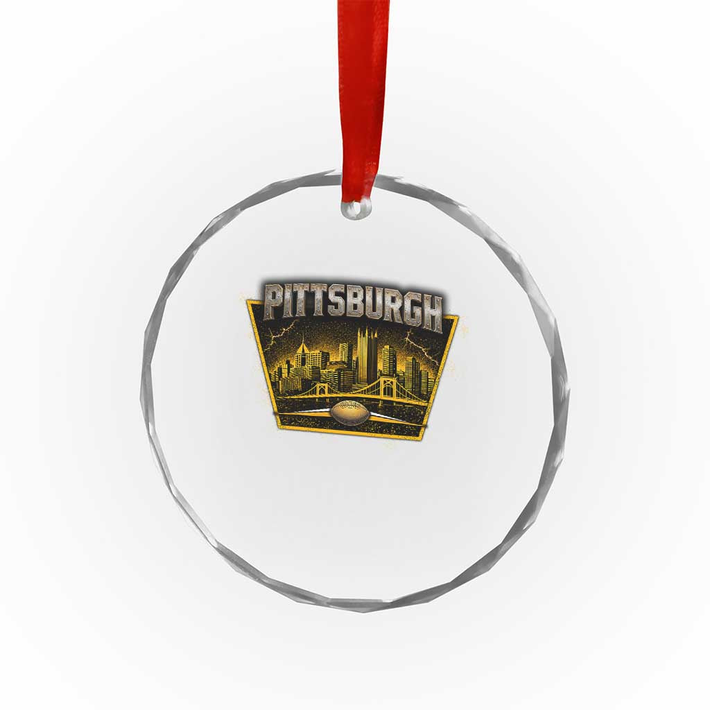 Pittsburgh Skyline Crest Graphic Crystal Glass Ornament Football Lover Gift